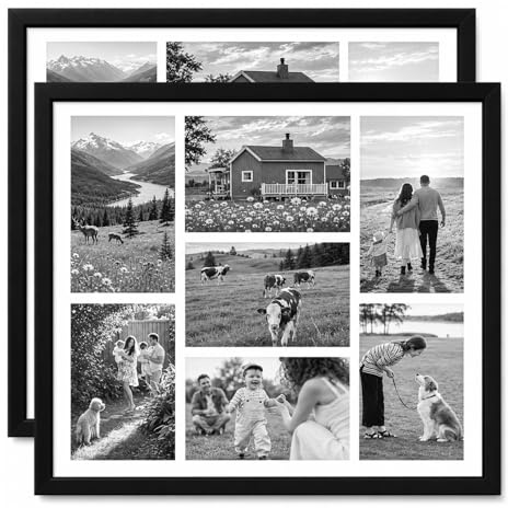 2 Stück Fotocollage Bilderrahmen 33 x 38 cm, Bilderrahmen 7 Bilder 10x15 cm (4x6 Zoll), Multi-Fenster Fotorahmen für mehrere Bilder zur Wandmontage, Schwarz Wohnzimmer Büro Dekor