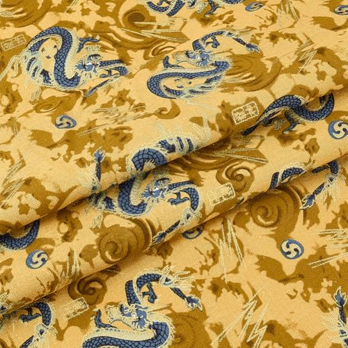 MAYJOYDIY 1×1.5 m Japanische Baumwollstoff Orientalischer Drache Quiltstoffe Goldfaden Baumwolltuch Bronzierung Design zum Nähen Kleidung Tasche Tischtuch Sofa Kissen Dekor, Gold