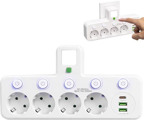 Bocguy Mehrfachsteckdose Ohne Kabel, 2/3/4/5 Fach Kabellose Steckdosenleiste mit USB & Nachtlicht, Steckdosenadapter mit Schalter, Steckdosenverteiler Ohne Kabel für Schlafzimmer Büro Reise(Weiß)