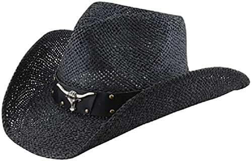 Negro paja sombrero de cowboy para hombre, piel sintética, longhorn, Shapeable Brim