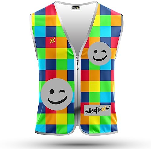REEFLEXX Warnweste Kinder Sicherheitsweste, erhöhte Sichtbarkeit im Straßenverkehr, Schule, Fahrrad oder Auto, Square Mix Smiley- Größe L