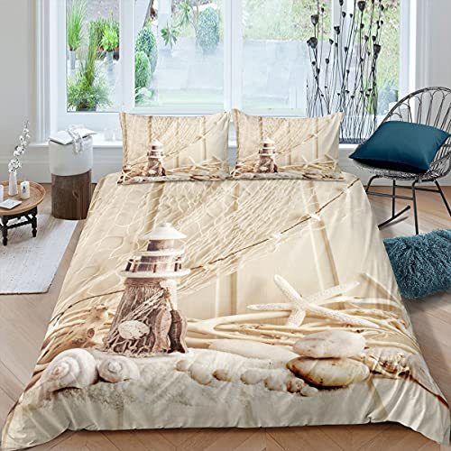 Homewish Leuchtturm Bettbezug,Stranddeckenbezug für Kinder Jungen Mädchen,Seestern Muschel Unterwasserwelt Bettbezug,Fischernetz Bettwäsche Set Schlafzimmer Dekor mit 1 Kissenbezug,Beige 135x200
