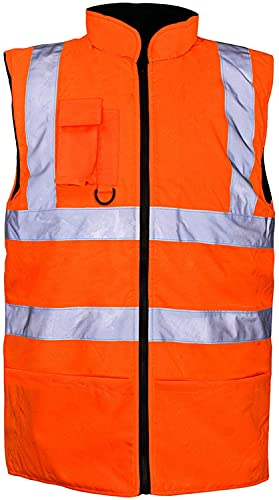 TrendyFashion Herren Warnweste mit hoher Sichtbarkeit, reflektierend, gefüttert, wendbar, Fleece, Arbeitskleidung, warme Weste, Bodywarmer, Orange, M