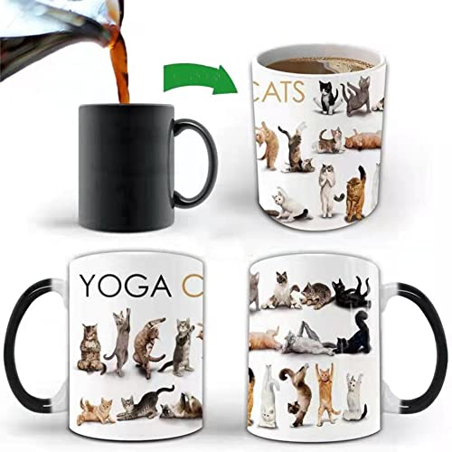 YOGA CATS Tasse à café changeant de couleur (325 ml) - Cadeau pour les amateurs de chats, femmes, hommes, Halloween, Noël, anniversaire, mère, père, amis (1 pièce)