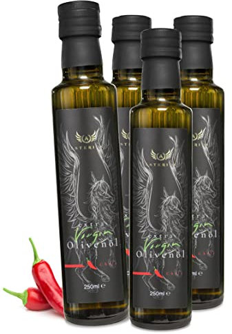 Asterius - Olio d'oliva biologico pressato a freddo, extra vergine in 100% oliva Koroneiki, delicato e fruttato, 500 ml (olio di peperoncino, confezione da 4 pezzi)