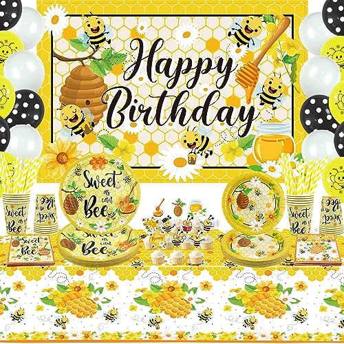 LSJDEER Bienen-Party-Zubehör – Honig-Hummel-Party-Dekoration beinhaltet Geburtstags-Bienen-Hintergrund, Teller, Tassen, Servietten, Bienen-Tischdecke, Ballon, für 20 Personen
