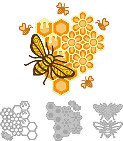 GLOBLELAND 4Pcs Honigbiene Schneiden Matrizen Metall Hive Blumen Biene Stanzt Prägeschablonen Schablonen Vorlage für Papier Karte Making Dekoration DIY Scrapbooking Album Craft Decor