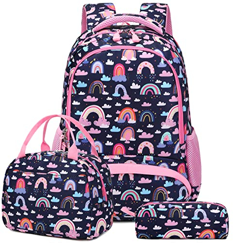 Kimwadalh Schulrucksack Mädchen Kinder Schultasche Leichtgewicht Regenbogen Rucksack für Mädchen Teenager Schule,Schulranzen Set mit Lunchpaket Tasche und Mäppchen,passend 15 Zoll Laotop