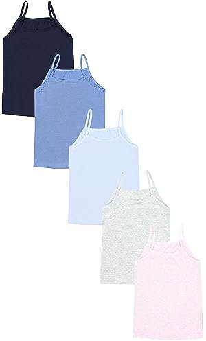 TupTam Mädchen Unterhemd Spaghettiträger Top – Atmungsaktive Unterhemden Mädchen im 5er Pack, Farbe: Dunkelblau Blau Hellblau Grau Rosa, Größe: 134-140