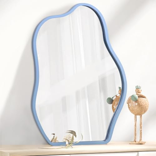 Wandspiegel, blau, asymmetrischer Spiegel, moderner Holzrahmen, einzigartige Form, Wandmontage, Schminktisch, künstlerischer Hängespiegel, Dekoration für Wohnzimmer, Schlafzimmer, Badezimmer,