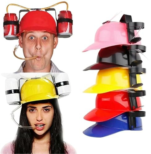 SZHXVIVISY Kreative Soda Bier trinken Helm faul Getränk trinken Hut für Sportveranstaltungen Bierdose Halter Kappe mit Schlauch Hände frei Party Getränkespender (Schwarz)