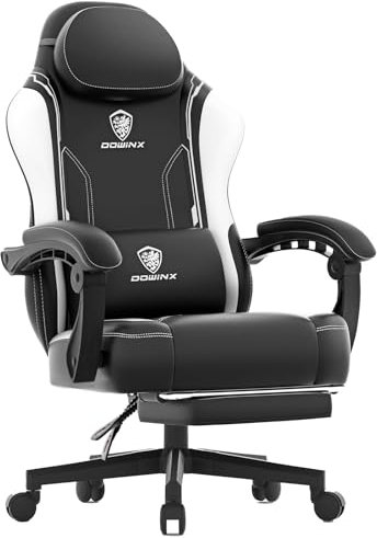 Dowinx Sedia da gaming, ergonomica, in pelle PU, con supporto lombare, funzione massaggio e schienale largo, portata fino a 150 kg, colore: bianco