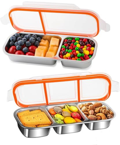SNACKBOX MIT 2 & 3 FÄCHERN | Edelstahl Snackbox mit Deckel | Brotdose für Kinder & Erwachsene | Bento-Box für Snacks, Nüsse, Gemüse & Reis | Spülmaschinenfest & Lebensmittelecht