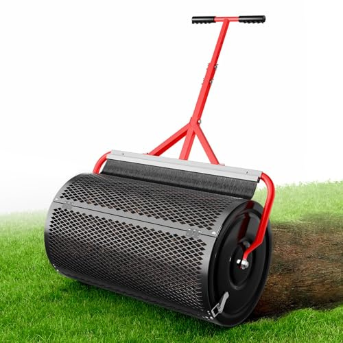 Compost Peat Moss Spreader with Brush Mesh Cleaner, 24 Inch Lawn Roller Spreader - Upgraded Side Clamps, Adjustable T-Shaped Handle, Lightweight Durable Metal Roller 2.79 Cu Ft for Lawn & Garden Care