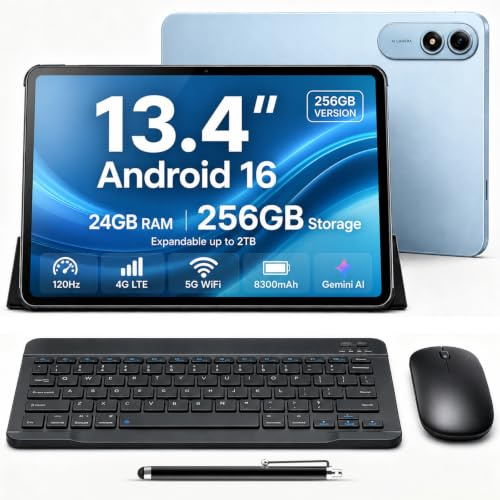 Ausriray Tablet 13.4 Pollici con Tastiera Penna, 120Hz Display Tablet Android 16, 24GB RAM+256GB ROM(2TB) Tablet PC, Doppio SIM 4G LTE+5G WiFi, 8300mAh, Octa-Core, Widevine L1 1080P/16MP/BT5/GPS/OTG