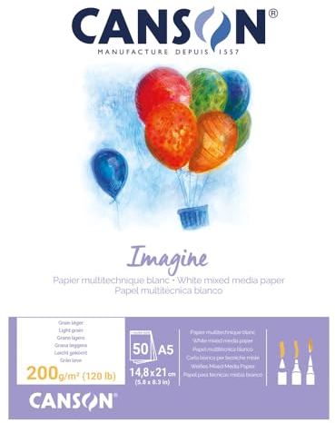 CANSON Imagine - Bloc 50 feuilles - Papier multitechnique - Grain léger - A5 - 200g/m² - Blanc