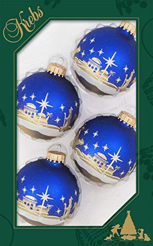 Dekohelden24 Lauschaer Christbaumschmuck - 4er Set Kugeln in Satin-Königsblau mit Bethlehem Dekor, 7 cm, mit goldenem Krönchen