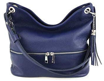 OBC Made in Italy Damen Leder Tasche Cross Body Schultertasche City Bag Crossover Umhängetasche Henkeltasche Shopper Ledertasche Damentasche Fransen (Dunkelblau 34x27x13 cm)
