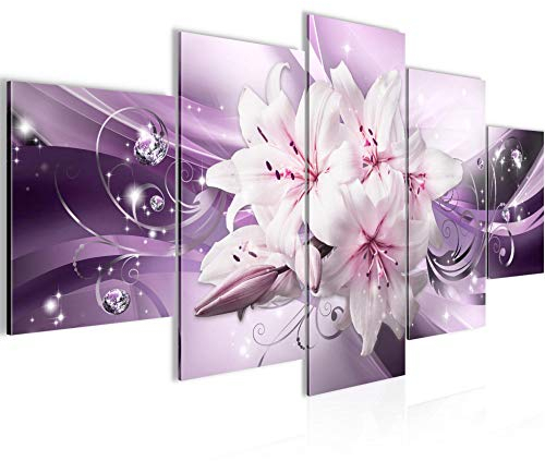 Runa Art - Quadri Fiori Gigli 200 x 100 cm 5 Pezzi XXL Decorazione Murale Design Viola 020151b