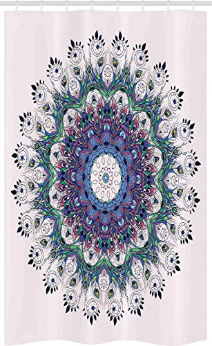 ABAKUHAUS Mandala Schmaler Duschvorhang, Bunte Vogelfedeer Pfau Art, Badezimmer Deko Set aus Stoff mit Haken, 120 x 180 cm, Teal Lila