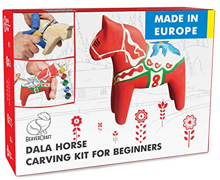 BeaverCraft Schnitz-Kit für Erwachsene und Jugendliche - Holzschnitzset DIY02 Dala Horse - Holzschnitzwerkzeuge Bastelbedarf für Erwachsene Schnitzmesser Lindeholz zum Schnitzen Malerei DIY Kits