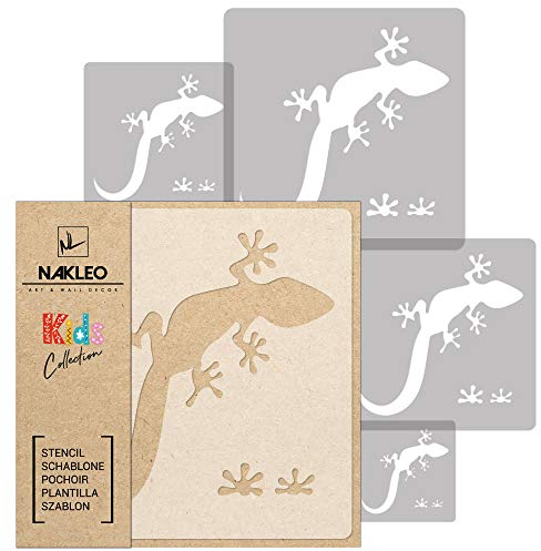 NAKLEO Schablonen Malen für Kinderzimmer, 5 Stück Set 9x9 bis 34x34cm Gecko Eidechse Reptil, Wiederverwendbare Kunststoff Malvorlage Raumdekoration, Basteln DIY Wand Möbel Papier Stoff