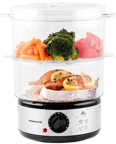OVENTE 2 Tier Electric Food Steamer for Cooking Vegetables, Stainless Steel Base, Stackable and Dishwasher Safe Baskets, 400W with Auto Shutoff and 60-Minute Timer, 5 Quart Capacity, Silver FS62S