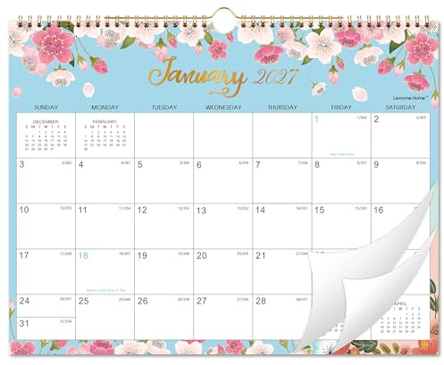 Kalender 2023-2024,18-Monats-Wandkalender mit dickem Papier, Januar 2023,Juni 2024, 38.1x29.2 cm, Doppeldrahtbindung + Haken zum Aufhängen + große unlinierte Blöcke mit julianischen Daten,Floral