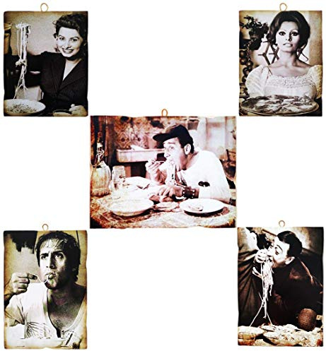 KUSTOM ART Set mit 5 Bildern im Vintage-Stil, berühmte Schauspieler – Sordi/Celentano/Sofia Loren/Totò/Sofia Loren(Pizza) – Druck auf Holz für Restaurant Pizzeria Traktorie Bar Hotel Locanda