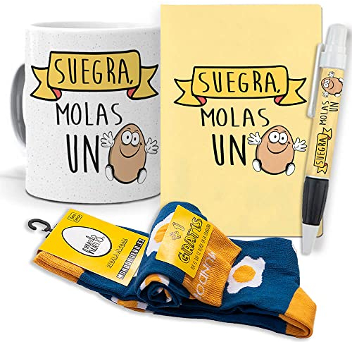 Super Regalo Personalizado para suegras. Suegra molas un Huevo. Taza, libreta, boli y Trio de Calcetines
