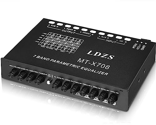 Facmogu 7-Band Car Audio Equalizer, Adjustable 7 Bands EQ Car Amplifier Graphic Equalizer with CD/AUX Input Select Switch, Front/Rear + Sub Output, for Boat RV RTV Motorcycle Car Stereo Tone Control