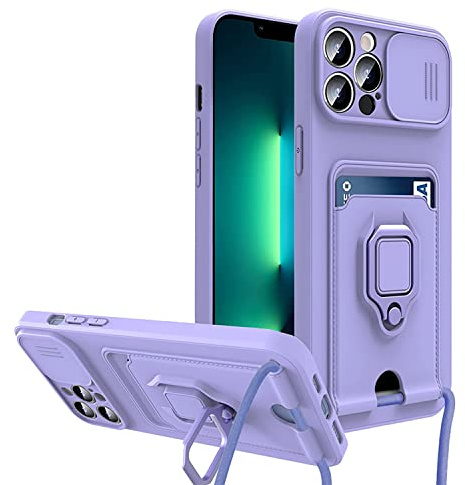 Rokmym Coque pour iPhone 12 avec Cordon de Collier,Coque Protection Caméra Slide Case [avec Anneau Rotatif à 360 degrés ] Silicone Coque avec Slot Card Holder Housse pour iPhone 12