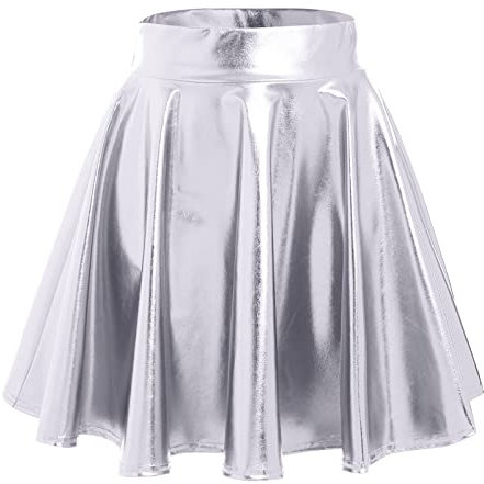 Damen 80er 90er Tellerrock Frauen Lack Lederrock Wetlook Holographic Mini Skater Kurz Rock Metallic Glitzer Faltenrock Neon Party Karneval Fasching Rave Outfit Space Alien Kostüm Silber XL