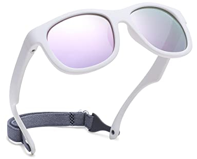 Pro Acme Unbreakable Polarized Baby Sunglasses Flexible Toddler Sunnies with Strap Soft Silicone Frame for 0-24 Months (White Frame | Purple Mirrored Lens)