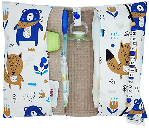 Große Windeltasche für unterwegs mit Namen personalisiert - für Jungen - Wickeltasche mit Waffelpique - Waldtiere