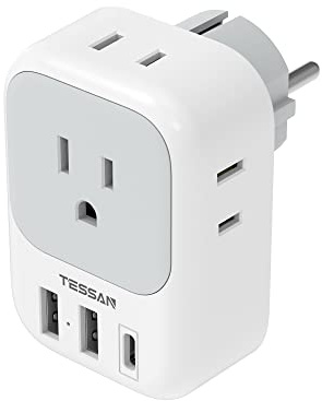 TESSAN Type E F Plug Adapter, Germany France Power Adapter with 3 USB Ports (1 USB C 20W), 4 AC Outlets Travel Adaptor for US to Europe EU Spain Iceland Korea Portugal Greece Russia German French