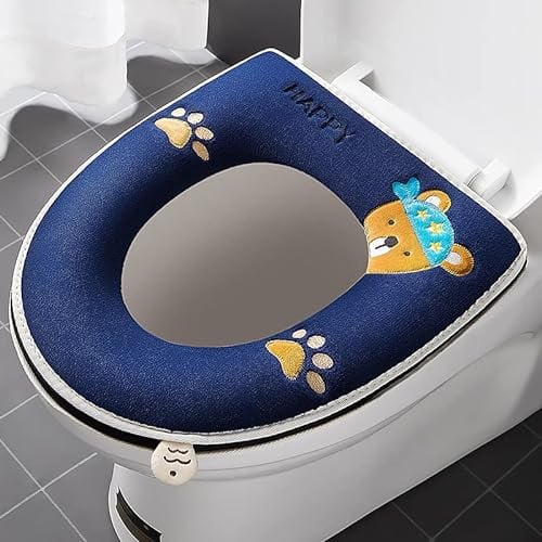 2 Stück dickere Badezimmer Weiche Toilettensitzbezug Pad mit Griff Toilettendeckel Abdeckung Kissen Weich Dicker Waschbar Passt auf alle ovalen WC-Sitze, Marineblau