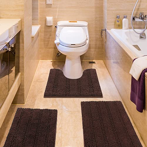 ACCUMTEK Gestreifter Badezimmerteppich-Set, 3-teilig, ultraweich, rutschfest, Chenille, WC-Vorleger, saugfähig, Plüsch, zottelig, Badematten für Badezimmer, Schlafzimmer, Küche