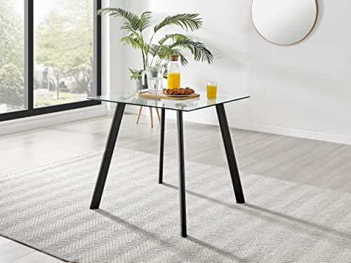 Furniturebox UK Dining Table - Seattle 4 Seat Square Glass Dining Table - Clear Glass Table and Tapered Black Metal Legs - A Modern Minimalist Industrial Table for Dining Room (Table Only)