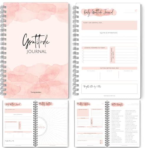 Templatables Gratitude & Mindfulness Journal | Self Care Planner, Positivity Diary, Daily Planner, Gratitude Jar, Wellness, Manifestation Journal - A5 Pink Watercolor