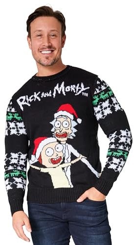 RICK AND MORTY Mens Christmas Jumper, Warm Funny Xmas Sweater - Mens Gifts (Black, L)