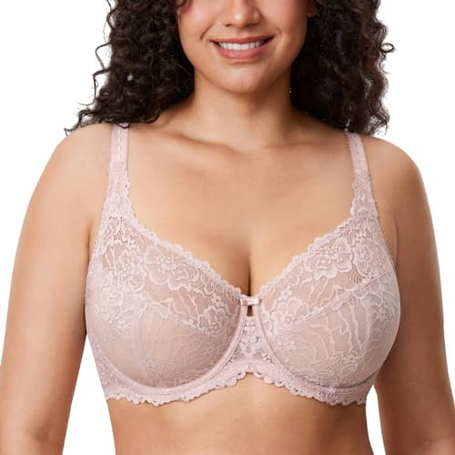 DELIMIRA Femme Soutien-Gorge Grande Taille avec Armatures Dentelle Transparent Rose fumée 100G