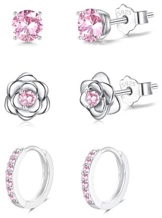 3 Pairs Sterling Silver Stud Earrings Set for Multiple Piercing Small Cartilage Hoop Earring and Rose Flower Pink Cubic Zirconia Studs Huggie Hoop Earrings for Women Teen Girls Kids Jewellery Gifts