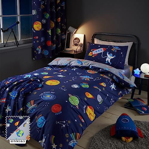 Catherine Lansfield Lost In Space Wende-Bettwäsche-Set für Doppelbett mit Kissenbezügen, Blau