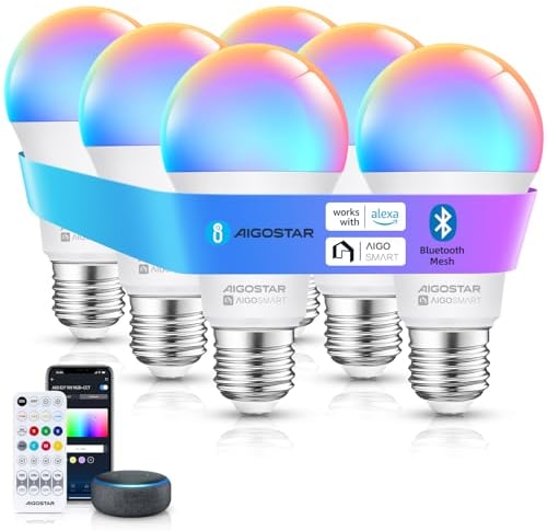 Aigostar Mesh - 12W Alexa Glühbirne Bluetooth Mesh A60, Smarte Glühbirne Funktioniert mit Alexa, Smart Bulb E27 LED 1150LM RGB & 2700K-6500K, 6 Stücke (mit Bluetooth-Fernbedienung)