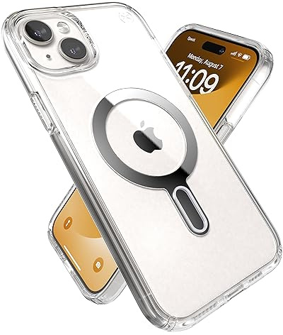 Speck Klare iPhone 15 Plus Hülle – ClickLock rutschfeste Interlock, MagSafe kompatibel, Fallschutz – für iPhone 15 Plus & iPhone 14 Plus – Anti-Vergilbung 6,7 Zoll Handyhülle – Presidio Clear/Chrome