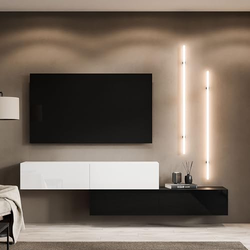 Planetmöbel TV Wohnwand Wohnzimmer 2X 160 cm Schwarz/Weiß, Modern, TV Schrank mit 2 Klappen als Stauraum, hängend oder stehend