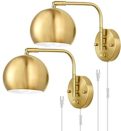 EOEO 2 Stücke Dimmbare Wandleuchte mit Schalter & Stecker, E27 Gold Wandlampe Metall Nachttischlampe für Schlafzimmer, Wohnzimmer, Badzimmer, Flur | Retro Design