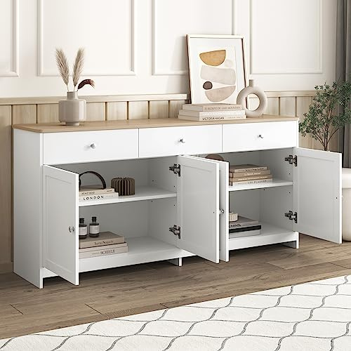 BTM Buffet, Panneaux latéraux en Bois Blanc, Quatre Portes avec Trois tiroirs, Meuble de Rangement Salon, Salle à Manger, Couleur Bois et Blanc, 160x37x75cm