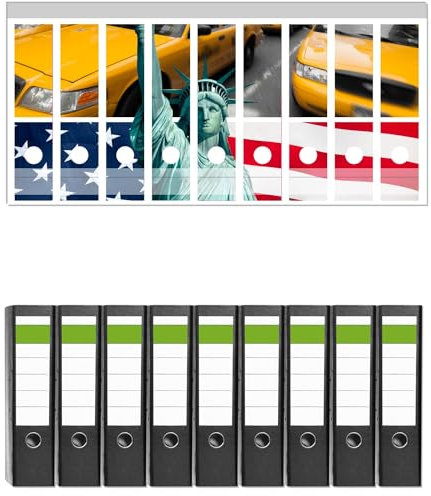 Wallario 9 Stück breite Ordner inkl. Klebeetiketten mit Motiv New York Collage - Set mit Rückenschildern/Ordnerrücken Stickern
